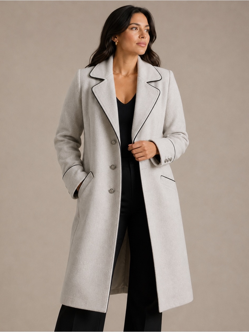 Vince Camuto Grey Wool Blend Long Coat Black Piping Size Large